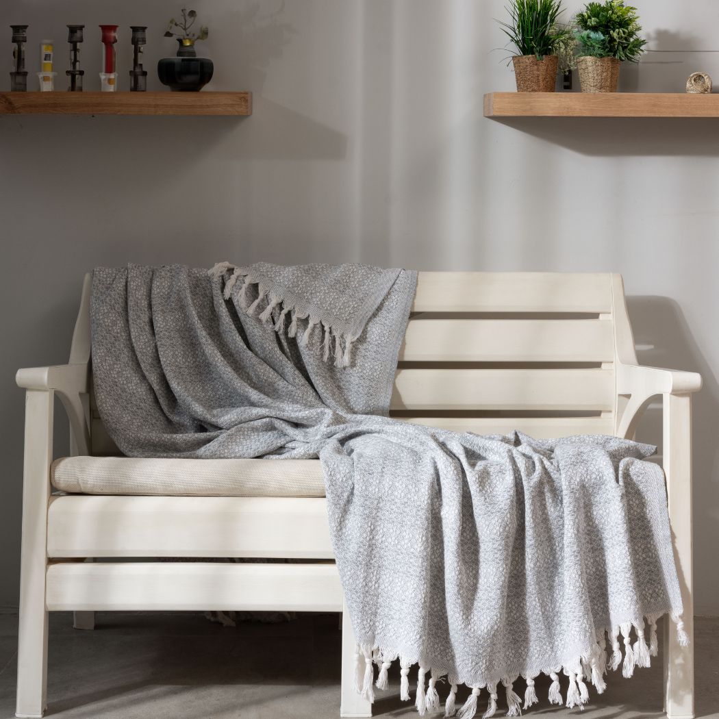 Plaid, Couvre lit, Jeté de canapé, 100% Coton, 230*200cm, tissé avec franges, gris