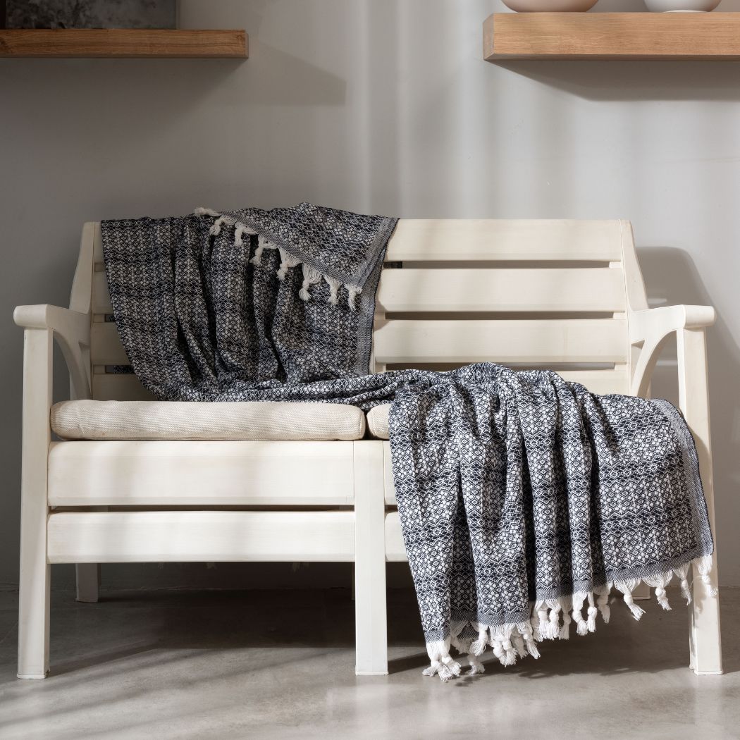 Plaid, Couvre lit, Jeté de canapé, 100% Coton, 230*200cm, tissé avec franges, noir